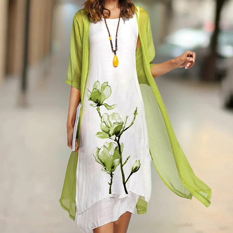 Fiorella - Vestido largo de algodón con cuello redondo