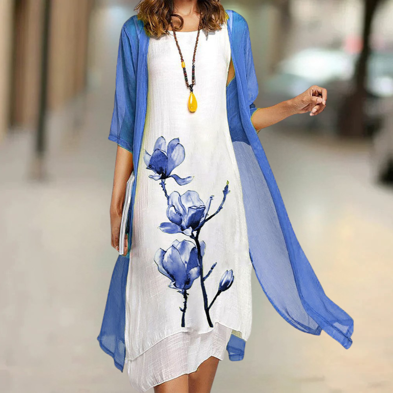 Fiorella - Vestido largo de algodón con cuello redondo