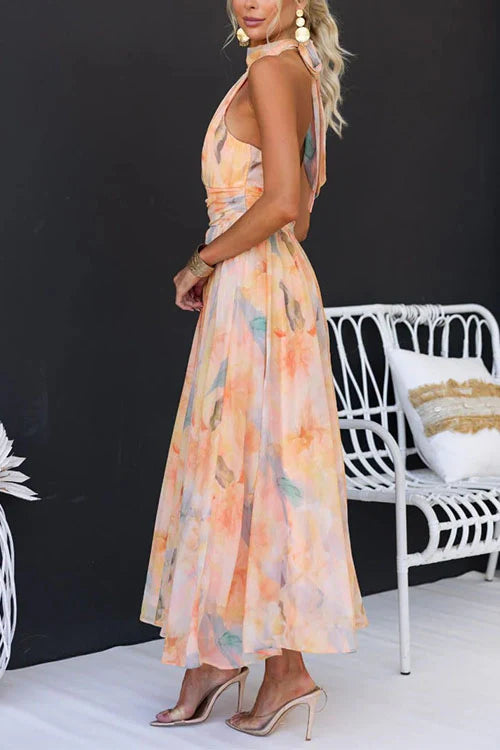 Debora - Vestido largo acuarela halter espalda abierta