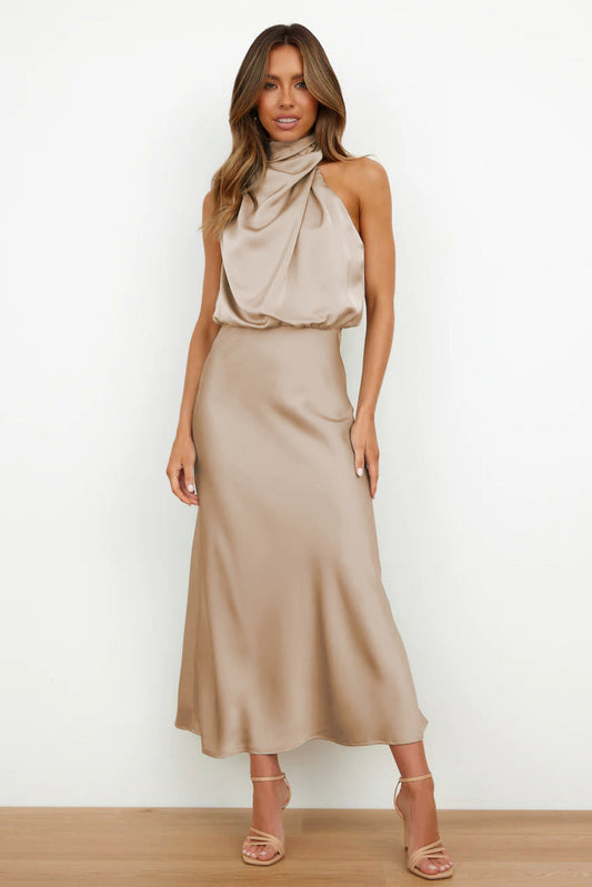 Moya - Vestido de satén largo con cuello halter