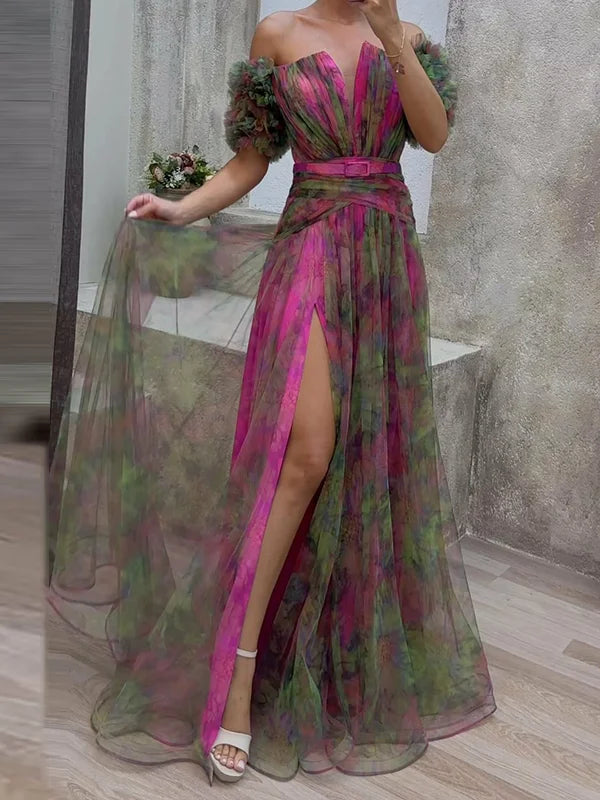 Adele - Vestido de noche de tul con escote en V y detalles transparentes